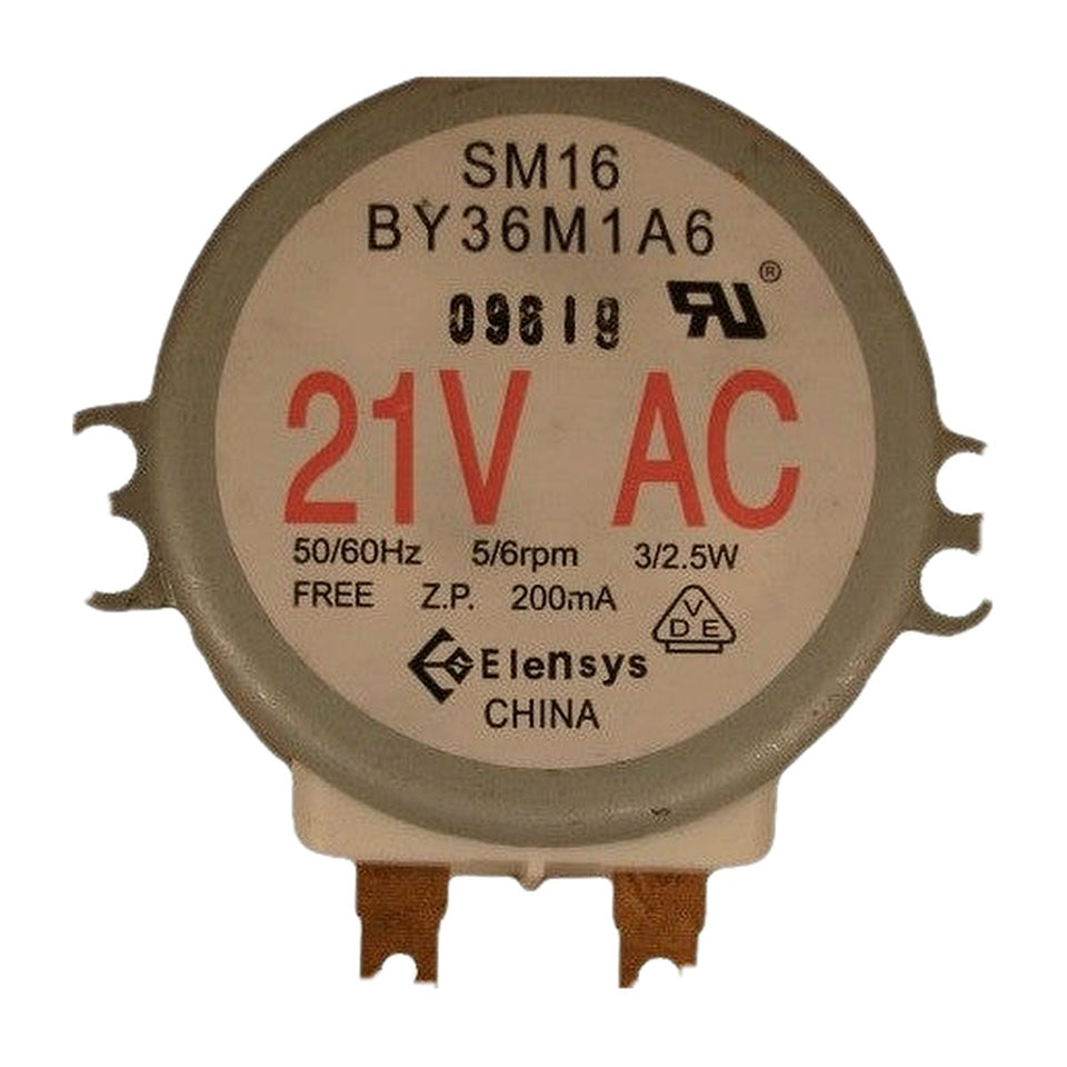 Microwave turntable motor 21B on white background, front label view