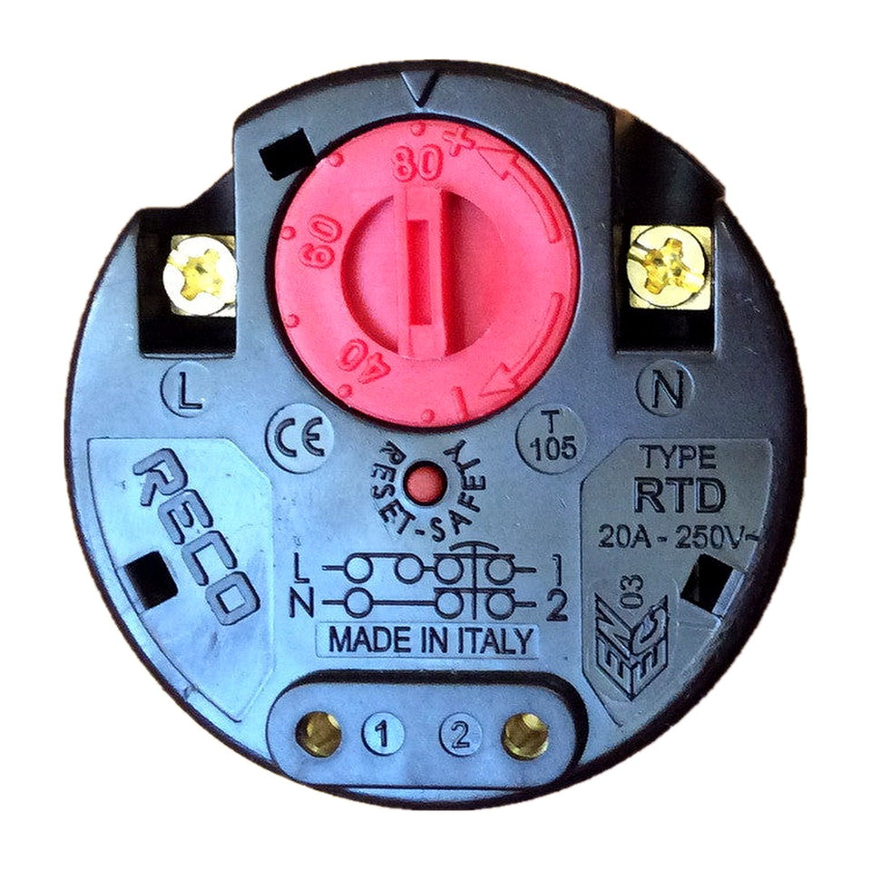 RTD mechanical rod thermostat 20A 250V with thermal cut-off protection, 270 mm, Reco Italy — front view on white background