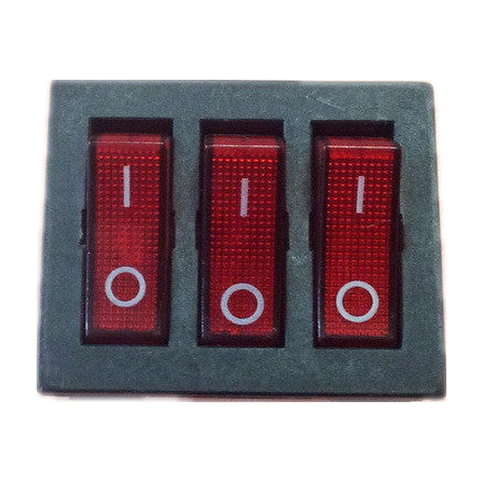 SETEL triple illuminated rocker switch with red LED, 15A 250V, front view on white background