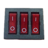 SETEL triple illuminated rocker switch with red LED, 15A 250V, front view on white background