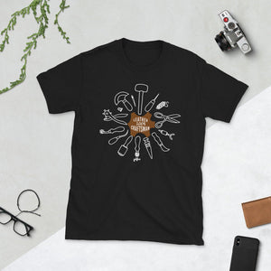 Leather 100% Craftsman, Short-Sleeve Unisex T-Shirt.Tools.Tee for leather makers. Handcrafted. Woodcarving. Kiridashi.craftsman style print
