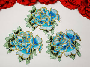  3pc/set, Fashion Blue Flower Patches, Iron On Embroidered Peony Patches