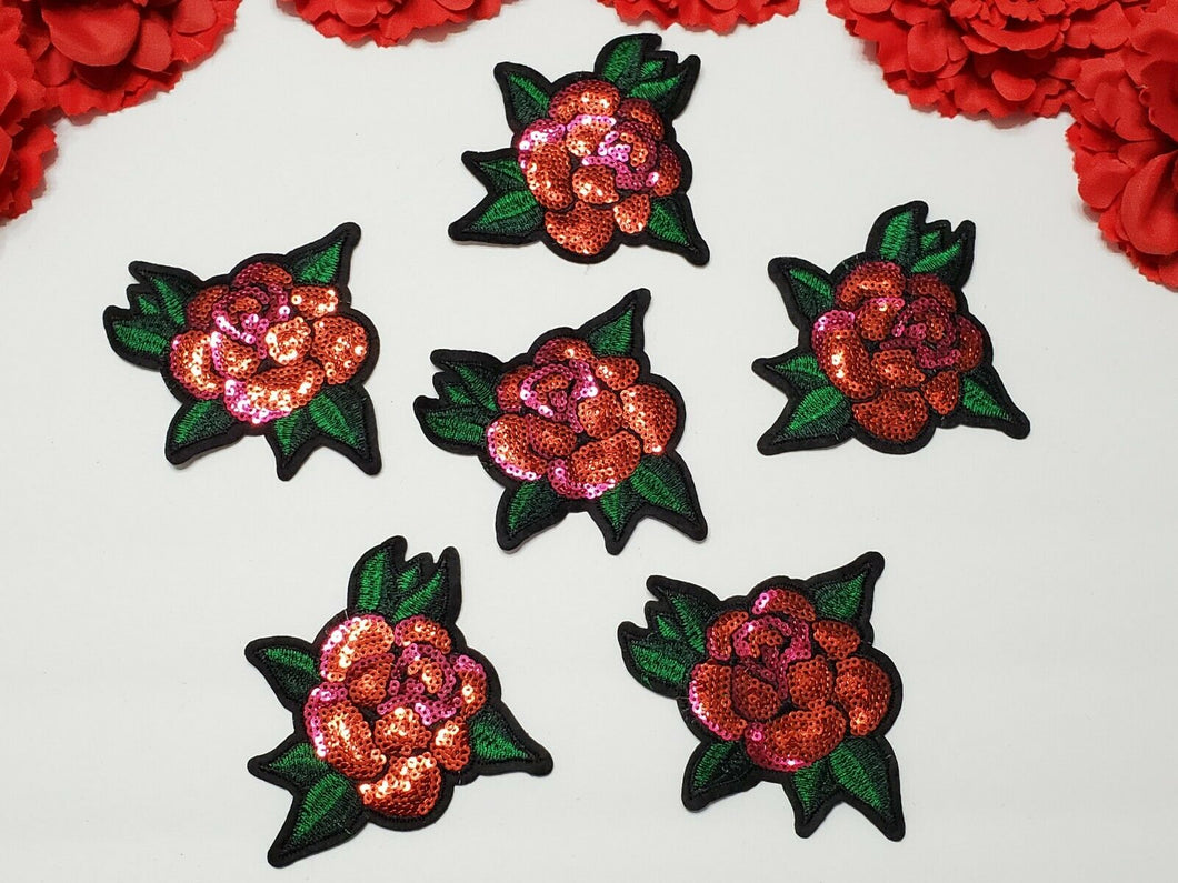  6pc/set. Small Flower Patches, Sequin Iron On Red Flower Patches