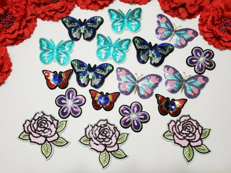  18pc/set. Small Sequin Patches, Butterfly Patches, Flower Patch, Iron On Patch