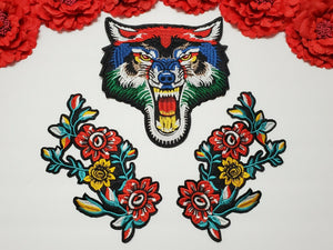  3pc/set, Large Wolf Patch, Fashion Flower Patches, Iron On Embroidered Patches