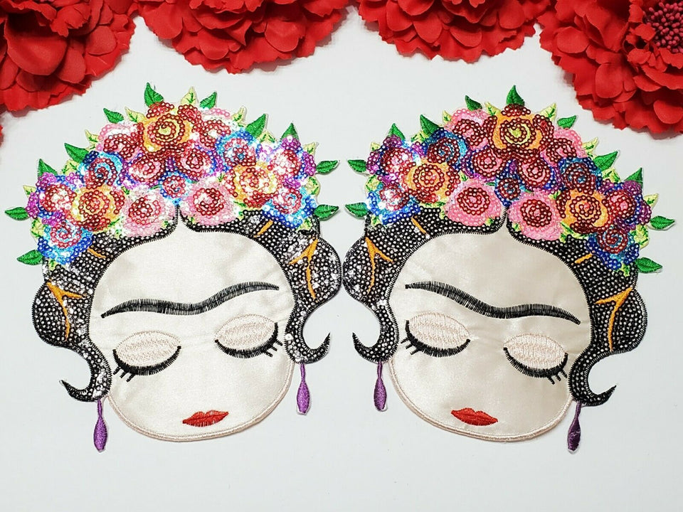 2pc/set, Frida Kahlo Patch, Flower Patch, Sequin Iron On -- 6.3 × 6.8 Inches